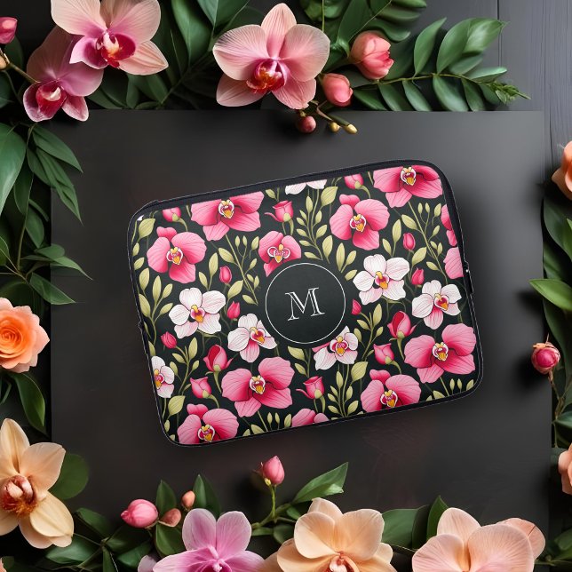 Exquisite Colorful Botanical Pink Orchid & Roses Laptop Sleeve (Exquisite Colorful Botanical Pink Orchid & Roses Design Laptop Sleeve.)