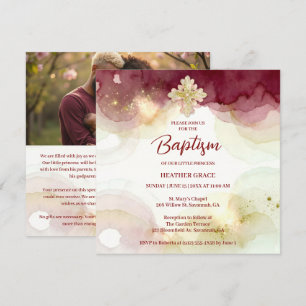 Exquisite Cross Burgundy & Gold Glitter Baptism Invitation