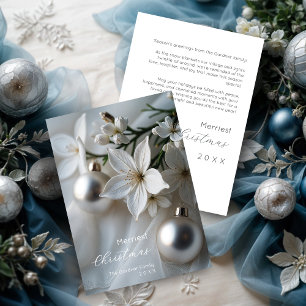 Exquisite Delicate White Flowers Silver Ornament Holiday Card