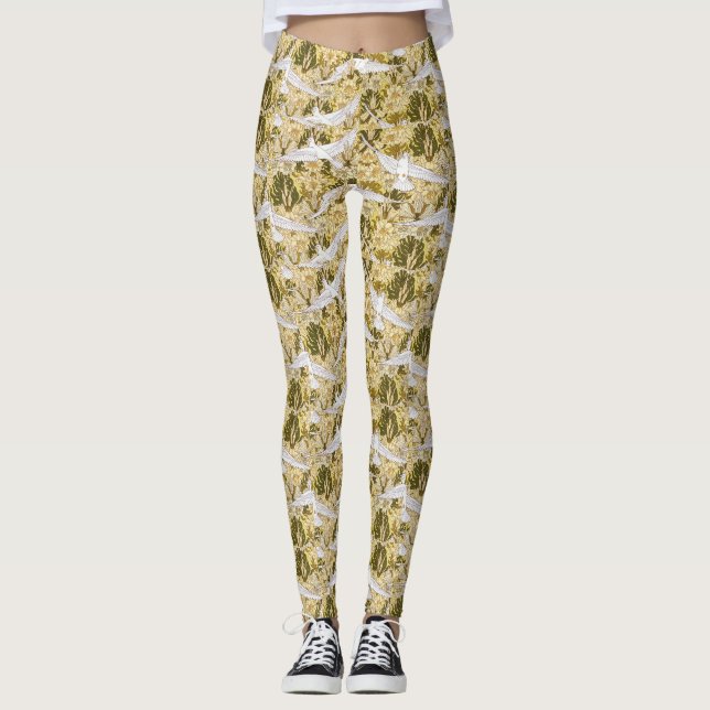 Exquisite Doves Against Floral Illustration Leggings (Front)