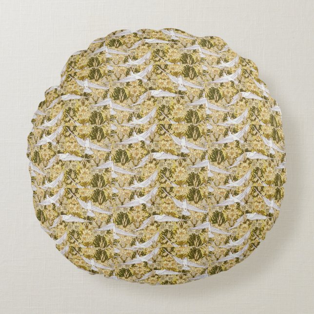 Exquisite Doves Against Floral Illustration Round Pillow (Front)