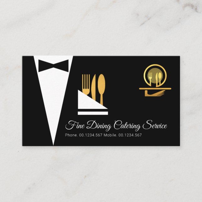 Exquisite Elegant Black Tuxedo Fine Dining Business Card (Front)