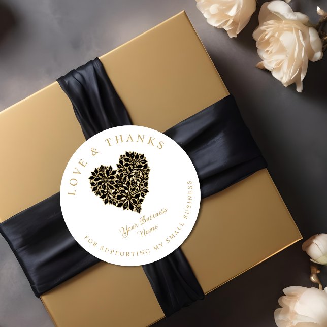 Exquisite Floral Gorgeous Black and Gold Effect Classic Round Sticker (Exquisite Round Stickers with Floral Design in Black and Gold Effect with the Phrase Love & Thanks.)