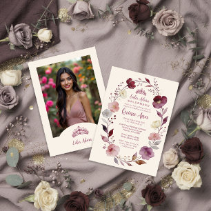 Exquisite Floral Oval Quinceañera Tiara Burgundy Invitation