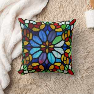 Exquisite Floral Stained Glass Elegance Throw Pillow