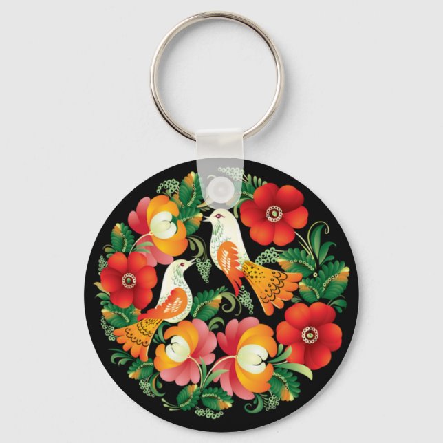 Exquisite Folk Art Birds Flowers Beautiful Decor Keychain (Front)