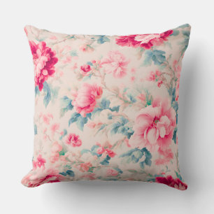 Exquisite Gentle Pink Flowers and Cerulean Leaves Throw Pillow