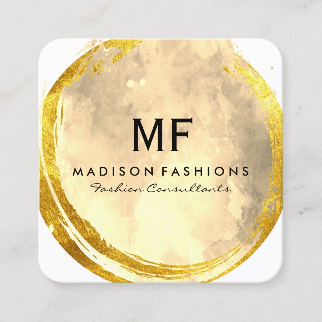Exquisite Gold Brushed Watercolor with Monogram Square Business Card (Front)