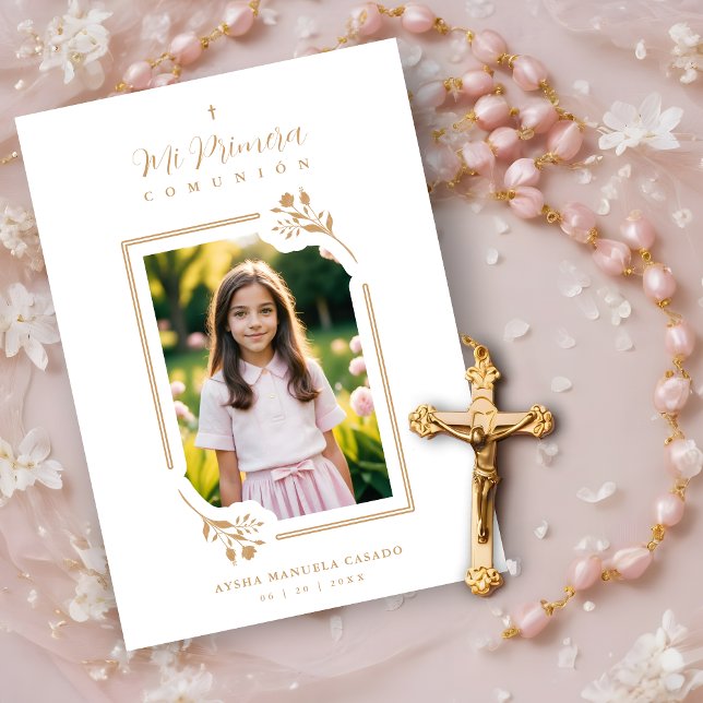 Exquisite Gold Floral Botanical Frame Communion Invitation (Exquisite Romantic Faux Gold Floral Botanical Frame with Photo Mi Primera Comunión Spanish.)