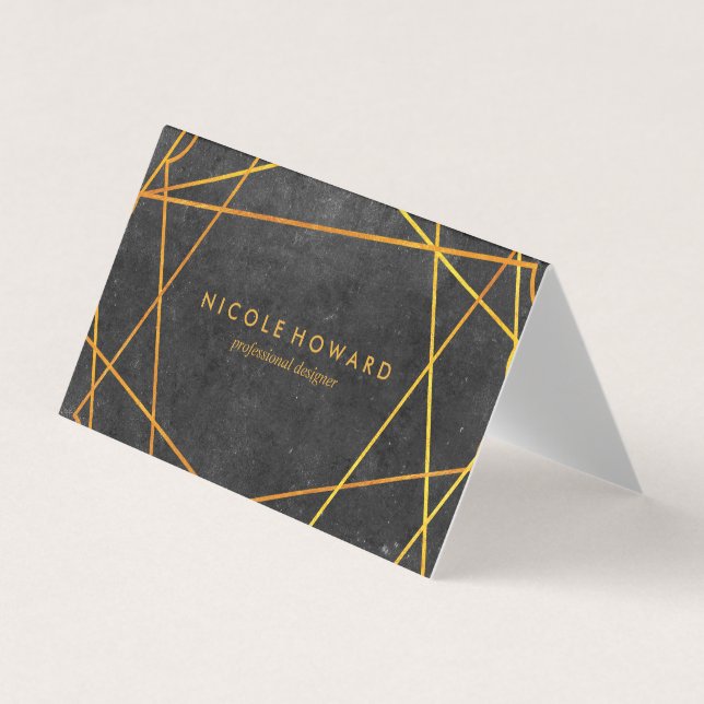 Exquisite Gold Lines Black with Slate Business Card (Front)
