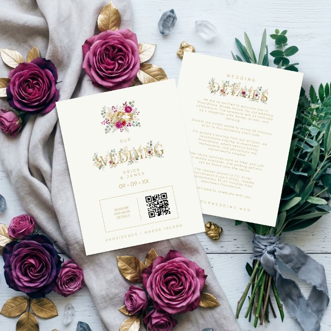Exquisite Gold Rings Floral Wedding TLW26 Enclosure Card (Exquisite Gold Rings Wedding Enclosure Card with Elegant Cream Floral Bouquet Watercolor Effect)