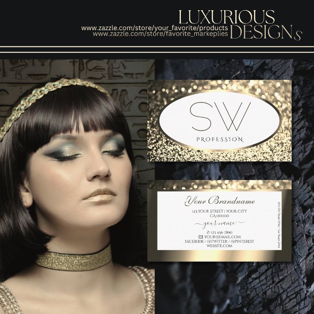 Exquisite Gold Sparkling Glitter White Monogram Business Card (Creator Uploaded)