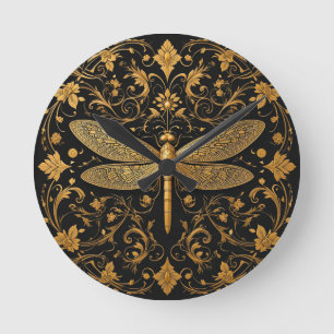 Exquisite Golden Dragonfly with Floral Art Round Clock