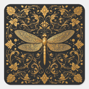 Exquisite Golden Dragonfly with Floral Art Square Sticker