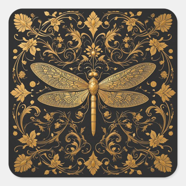 Exquisite Golden Dragonfly with Floral Art Square Sticker (Front)