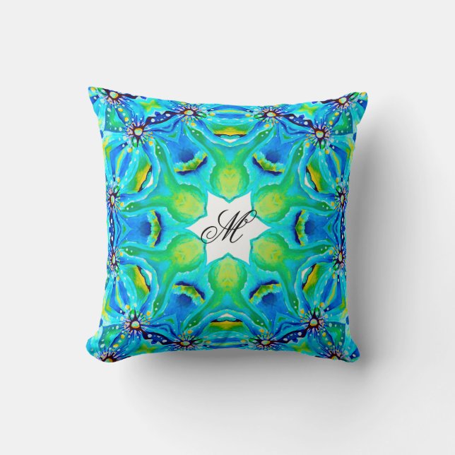 Exquisite Handpainted Geometrical Green Abstract Throw Pillow (Front)
