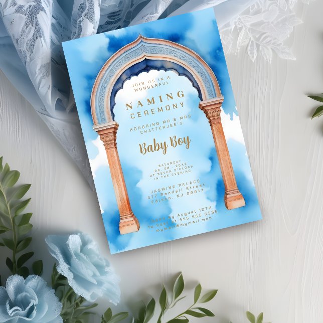 Exquisite Indian Architecture Arch Naming Ceremony Invitation (Exquisite Indian Architecture Arch Watercolor in Blue Shades Background Naming Ceremony Invitation )