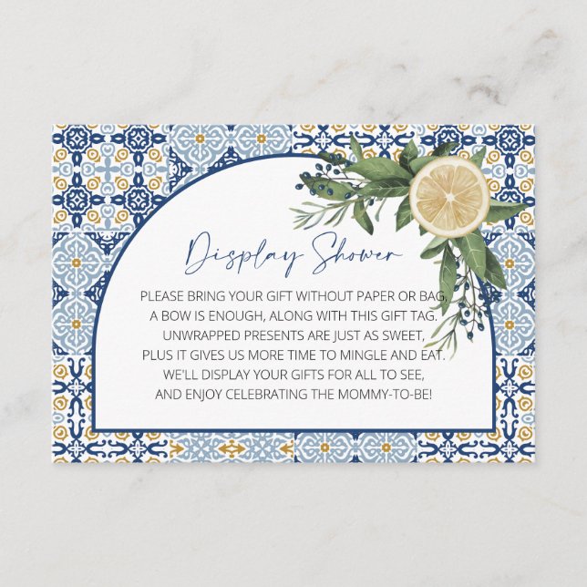 Exquisite Italian Blue Tile and Lemons Baby Shower Enclosure Card (Front)