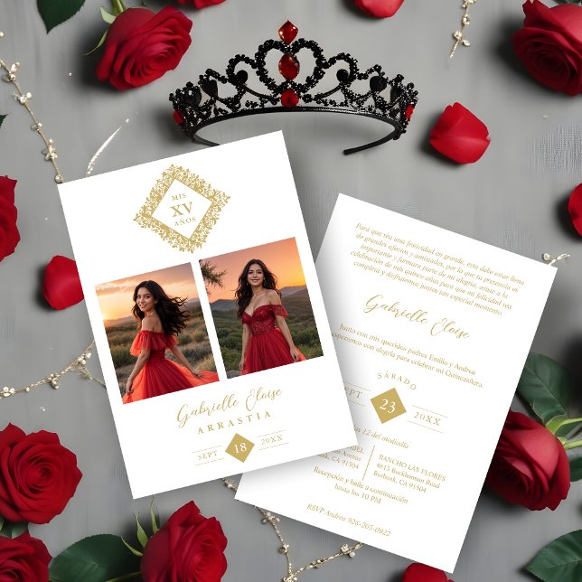 Exquisite Modern Floral Diamond Shape Mis XV Años Invitation (Exquisite Modern Floral Diamond Shape Mis XV Años Anagram 2 Photos Collage Invitation.)