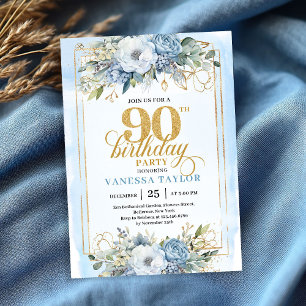 Exquisite pale blue gold style 90th birthday invitation