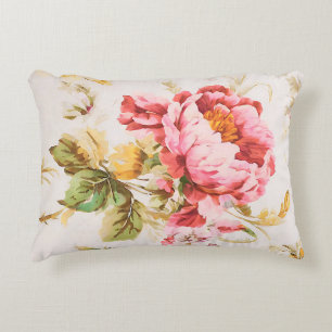 Exquisite Pink and Yellow Flowers. Shabby Chic Accent Pillow