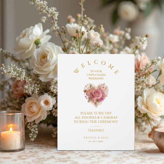Exquisite Pink Floral Heart Unplugged Wedding Plaque (Exquisite Pink Shades Floral Heart For Unplugged Wedding Ceremony Plaque.)