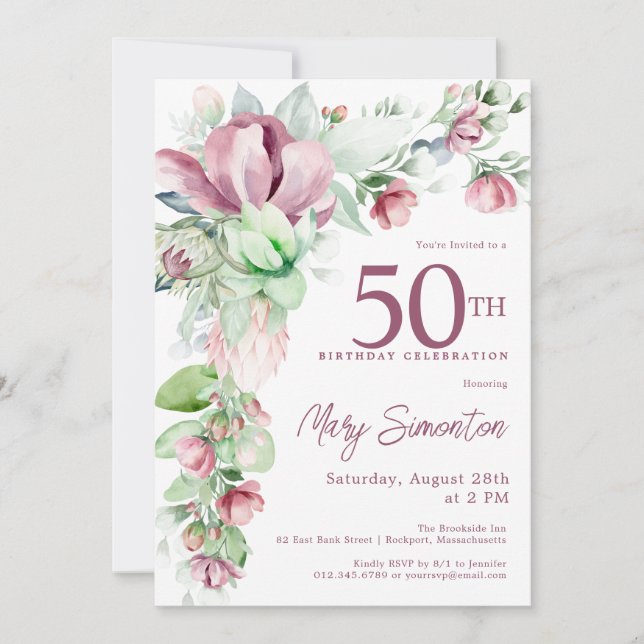 Exquisite Pink Mauve Floral 50th Birthday Invitation (Front)