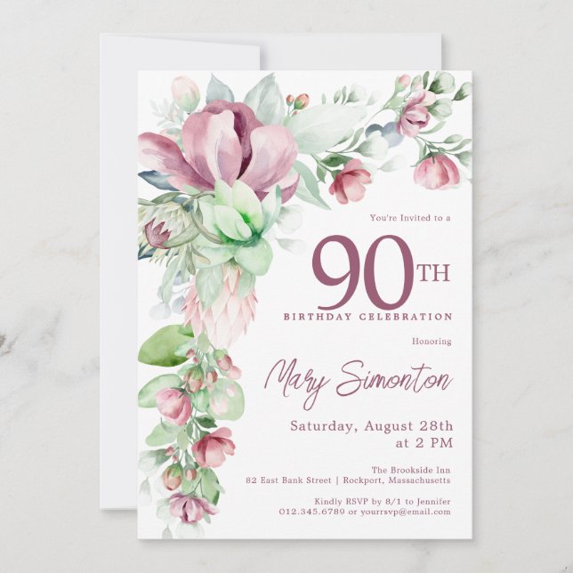 Exquisite Pink Mauve Floral 90th Birthday Invitation (Front)