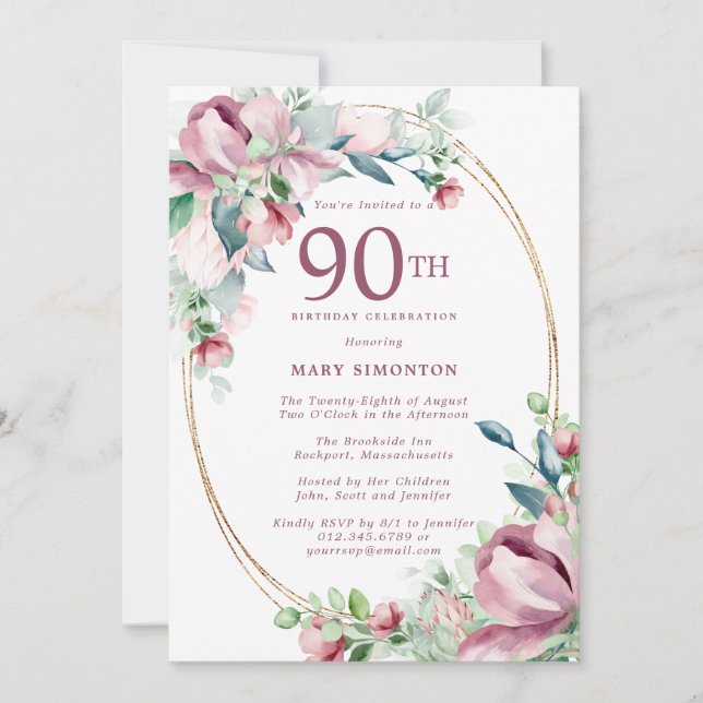 Exquisite Pink Mauve Floral 90th Birthday Invitation (Front)