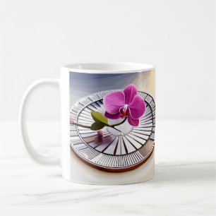 Exquisite Pink Orchid Rests on Silver Plate Coffee Mug