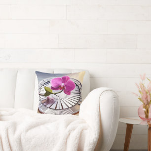 Exquisite Pink Orchid Rests on Silver Plate Throw Pillow