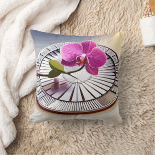 Exquisite Pink Orchid Rests on Silver Plate Throw Pillow