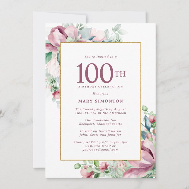 Exquisite Pink Rose Floral 100th Birthday Invitation (Front)
