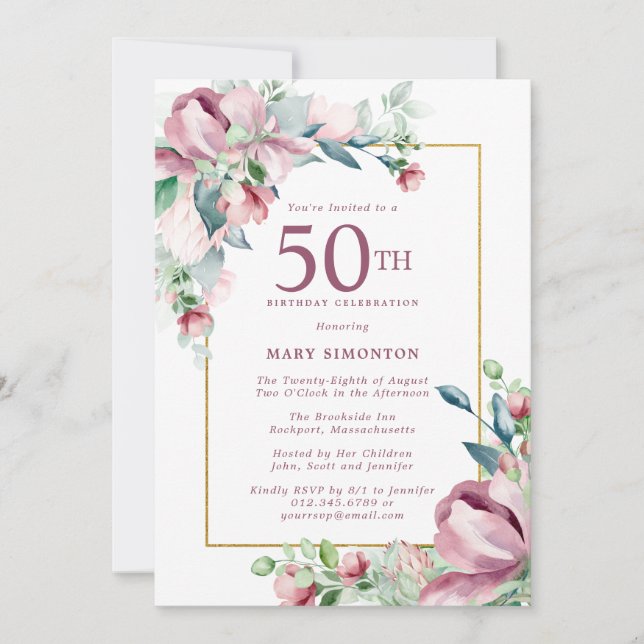 Exquisite Pink Rose Floral 50th Birthday Invitation (Front)