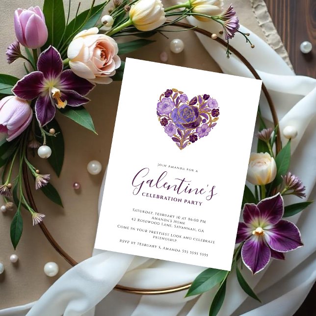 Exquisite Purple Floral Heart Galentine's Day Invitation (Exquisite Floral Heart Galentine's Day Party Invitation Cards for Your Best Friends in Purple Shades)