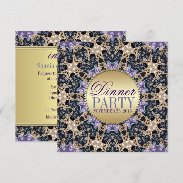 Exquisite Purple Gold Dinner Party Invitations (Front/Back)