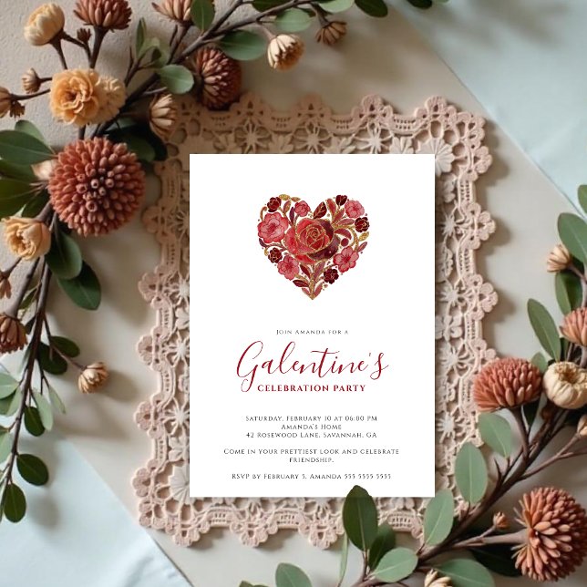 Exquisite Red Floral Heart Galentine's Day Party  Invitation (Exquisite Floral Heart Galentine's Day Party Invitation Cards for Your Best Friends in Red Shades )