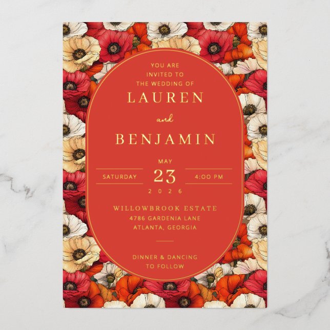 Exquisite Red Floral Wedding Invitation (Front)
