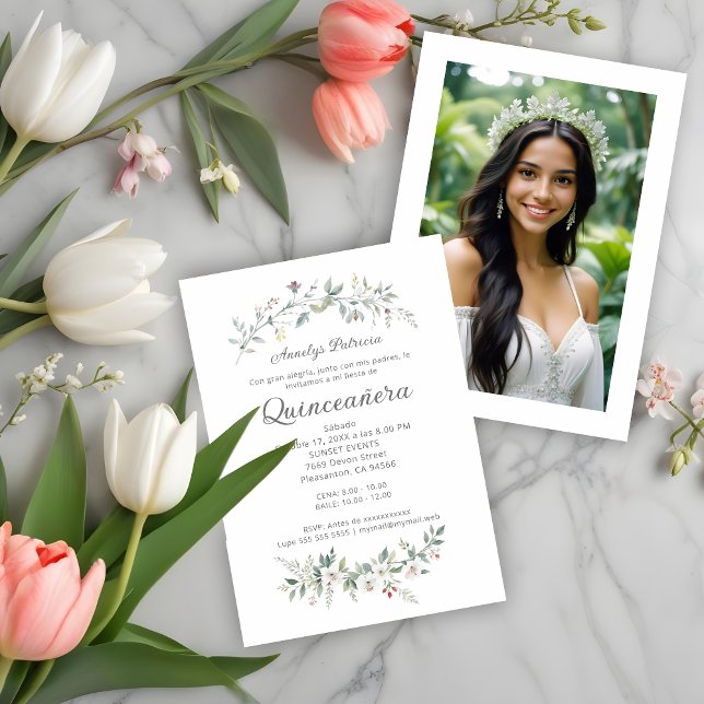 Exquisite Romantic Minimal Spring Floral Branches Invitation (Exquisite Romantic Minimalist Spring Floral Bouquet Quinceañera Spanish Invitations Cards with Photo)