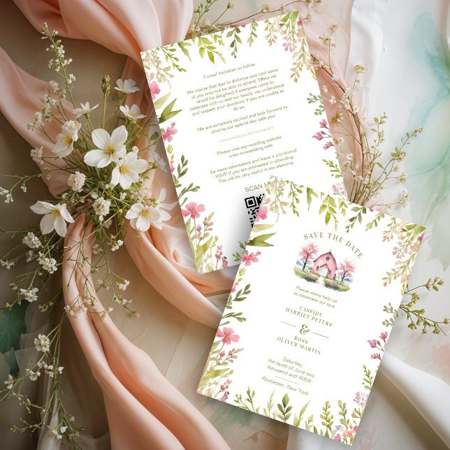 Exquisite Rustic Church Country Spring Frame Save The Date (Exquisite Rustic Church Classic Country Style with Delicate Narrow Botanical Spring Wildflowers.)