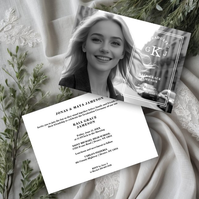 Exquisite Stylish Calligraphy Photo Grad Initials Invitation (Exquisite Stylish Chic Modern Calligraphy Photo Grad Initials Black & White Invitation Card.)