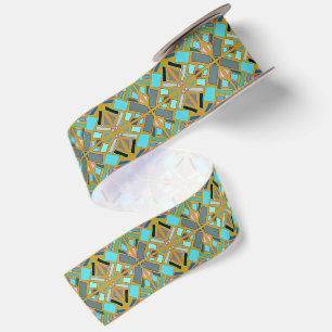 Exquisite Turquoise Gold Mosaic Satin Ribbon