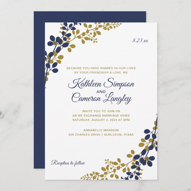 Exquisite Vines Wedding Invitation | Navy & Gold (Front/Back)