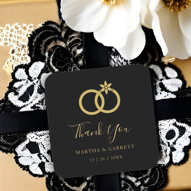Exquisite Wedding Rings Luxury Wedding Gold Black Square Sticker (Exquisite Wedding Rings Luxury Wedding in Faux Gold and Black Background Fancy Thank You Quote.)