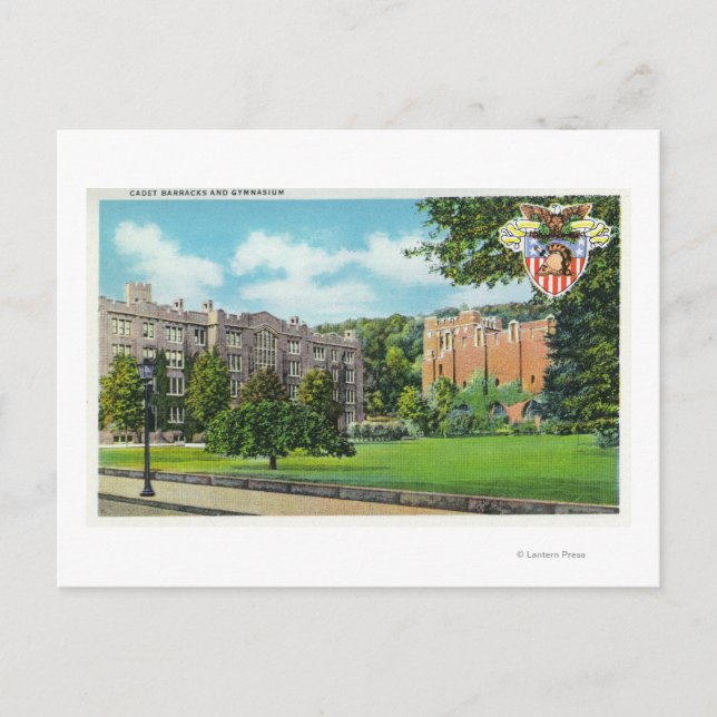 Exterior View of Cadet Barracks and Gymnasium Postcard (Front)