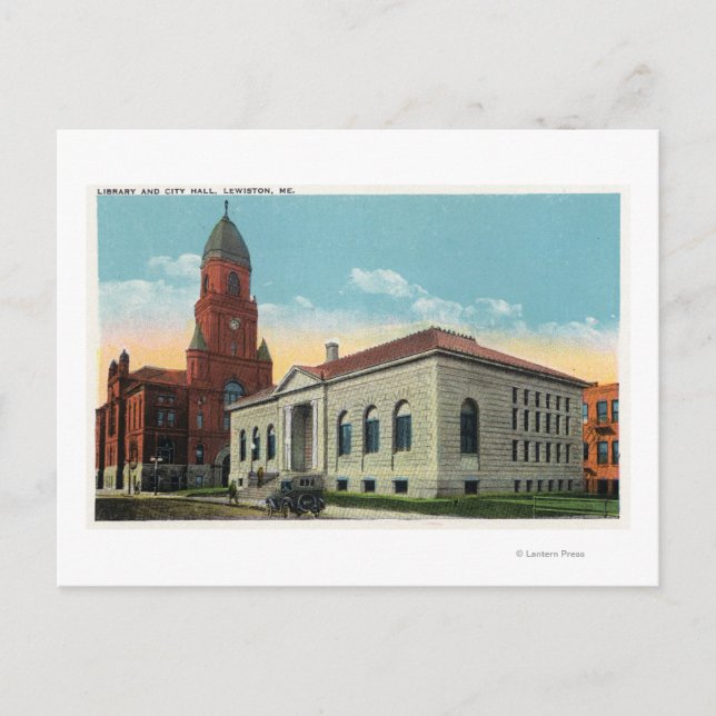 Exterior View of the Library and City Hall Postcard (Front)