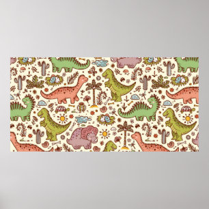 Extinct animals. Prehistoric Reptiles. Cute Cartoo Poster