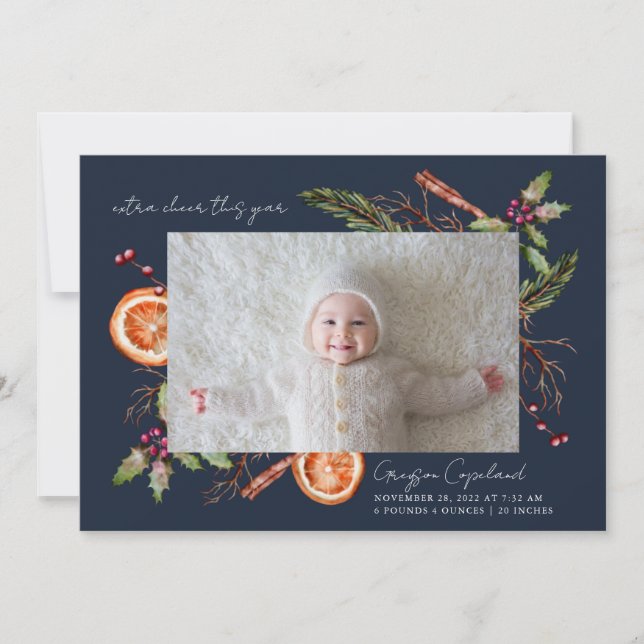 Extra Cheer Blue Holiday Baby Photo Birth   Announcement (Front)