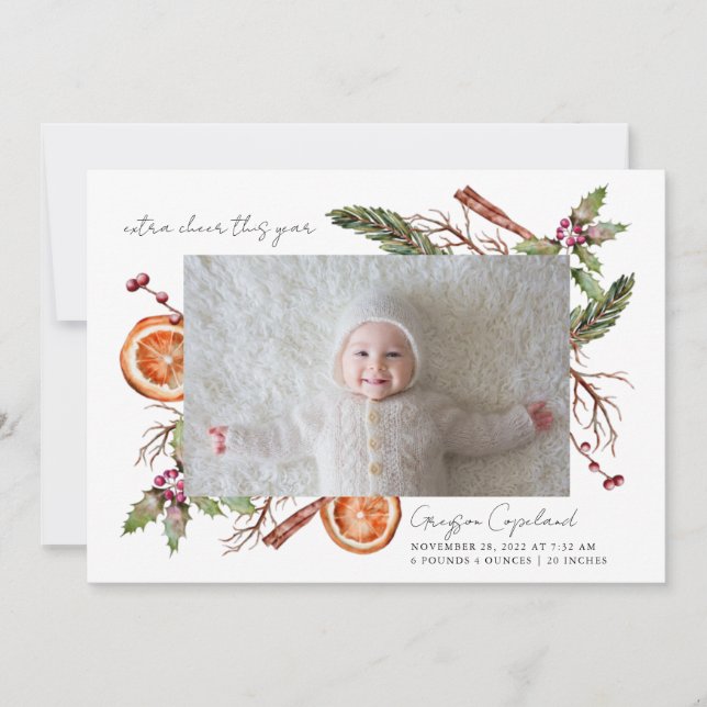 Extra Cheer Holiday Baby Photo Birth Announcement (Front)