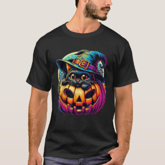 Extra Cute Cat Black with Witch Hat Pumpkin Cat Ha T-Shirt